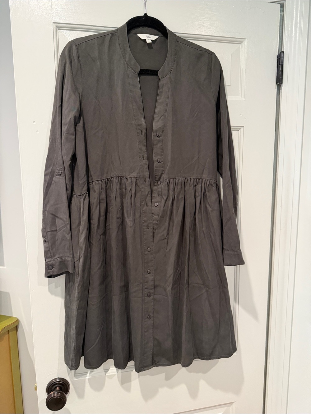 Maternity - Charcoal Gray Button Long Sleeve Dress
